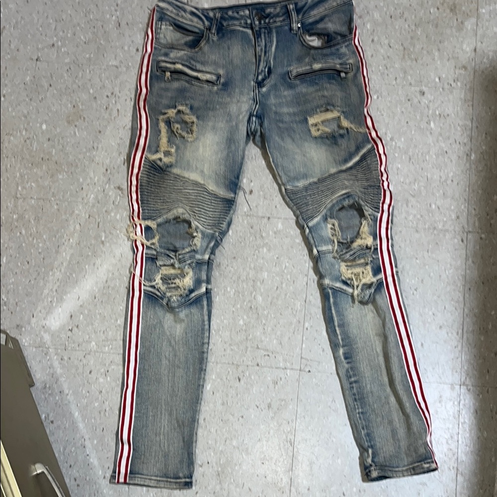 Rue21 Blue and Red Skinny Jeans with Distressed Details